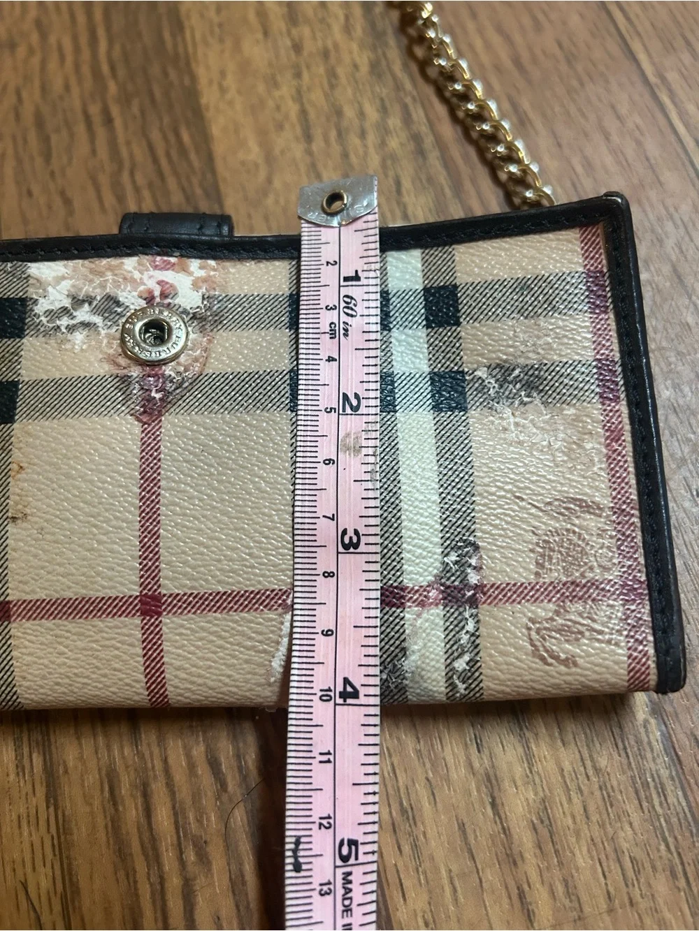Burberry Classic Plaid Crossbody Wallet with Chain Strap - Beige/Black